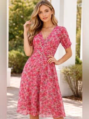 Floral V-Neck Midi Dress in Pink
